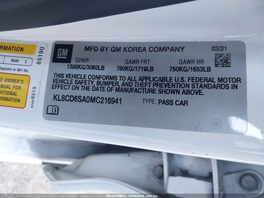 2021 Chevrolet Spark Fwd 1Lt Automatic VIN: KL8CD6SA0MC216941 Lot: 44799675