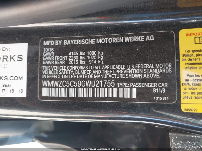 2016 Mini Countryman Cooper S VIN: WMWZC5C59GWU21755 Lot: 44799697