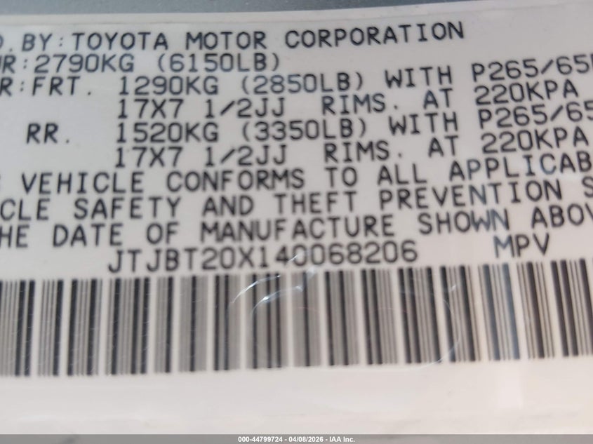 2004 Lexus Gx 470 VIN: JTJBT20X140068206 Lot: 44799724