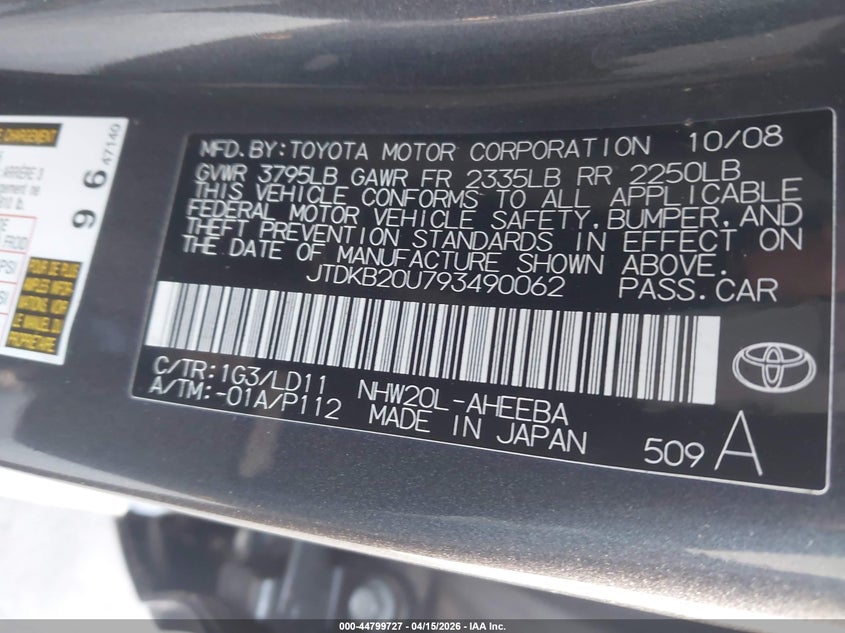 2009 Toyota Prius Touring VIN: JTDKB20U793490062 Lot: 44799727