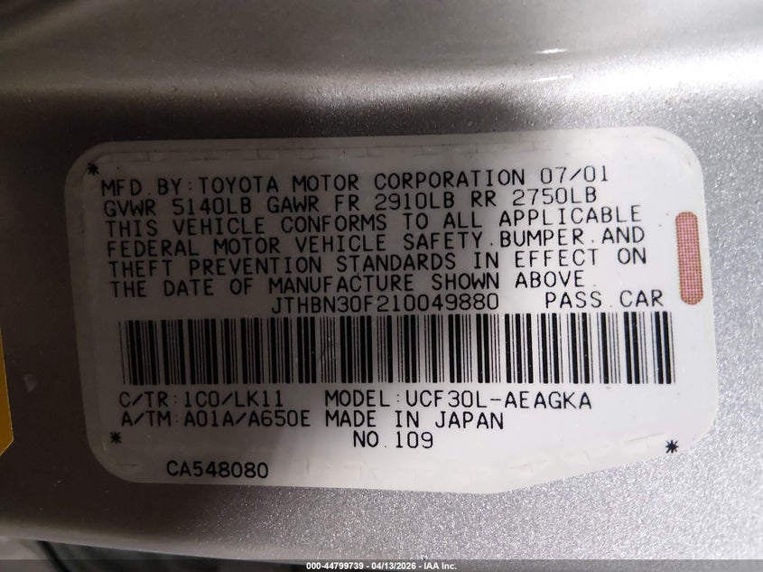 2001 Lexus Ls 430 VIN: JTHBN30F210049880 Lot: 44799739