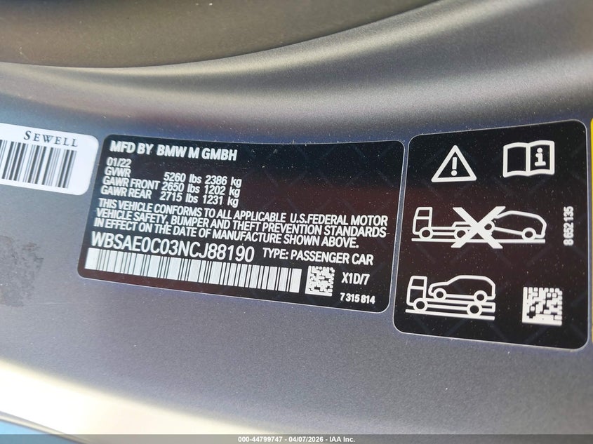 2022 BMW M8 Competition VIN: WBSAE0C03NCJ88190 Lot: 44799747