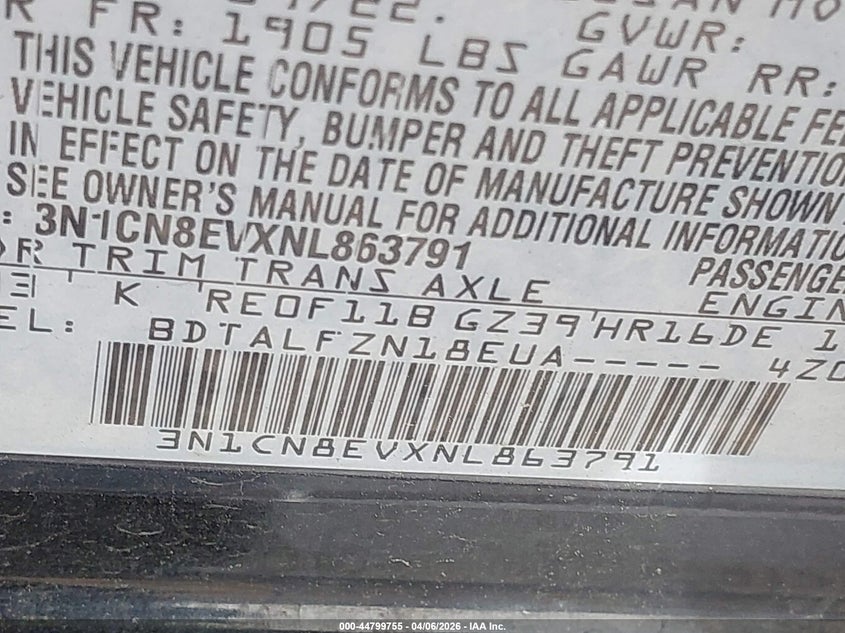 2022 Nissan Versa 1.6 Sv Xtronic Cvt VIN: 3N1CN8EVXNL863791 Lot: 44799755