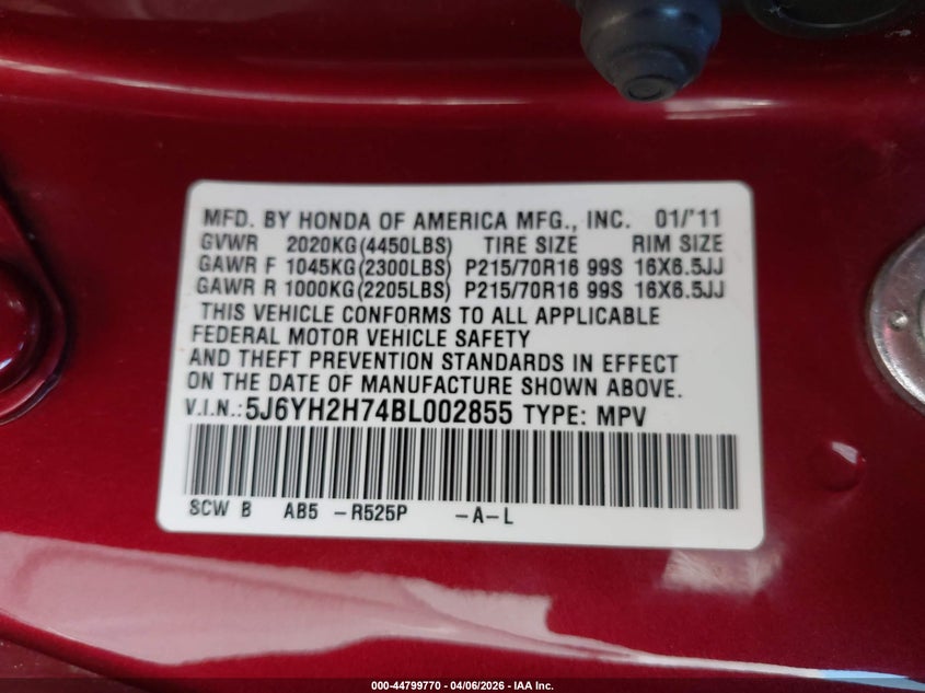 2011 Honda Element Ex VIN: 5J6YH2H74BL002855 Lot: 44799770