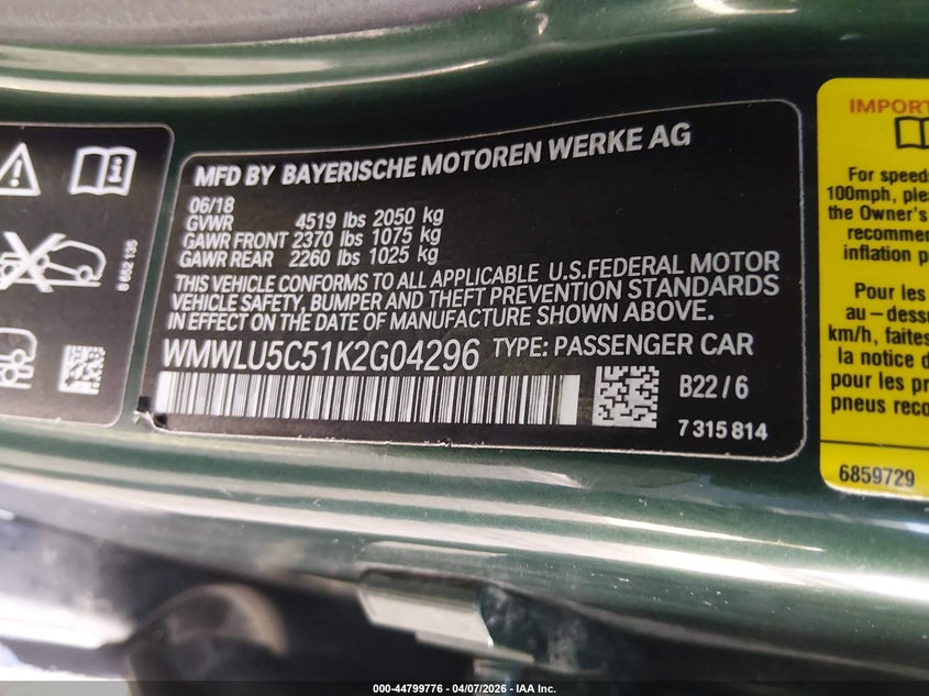 2019 Mini Clubman Cooper S VIN: WMWLU5C51K2G04296 Lot: 44799776