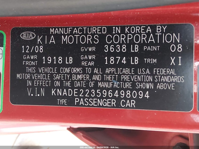 2009 Kia Rio Lx VIN: KNADE223596498094 Lot: 44799816