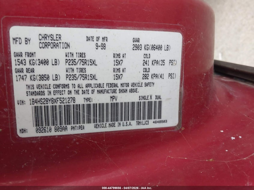 1999 Dodge Durango VIN: 1B4HS28Y8XF521278 Lot: 44799856