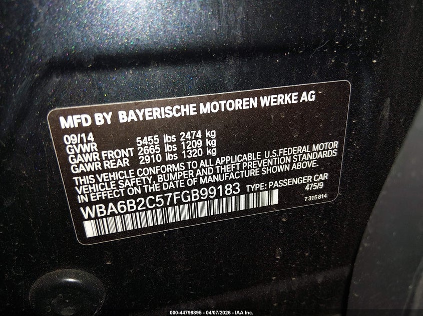 2015 BMW 650I Gran Coupe VIN: WBA6B2C57FGB99183 Lot: 44799895