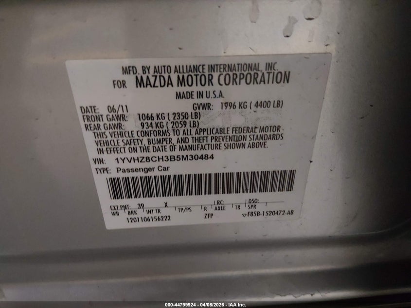 2011 Mazda Mazda6 I Touring VIN: 1YVHZ8CH3B5M30484 Lot: 44799924