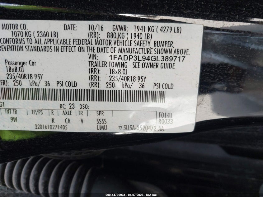 2016 Ford Focus St VIN: 1FADP3L94GL389717 Lot: 44799934