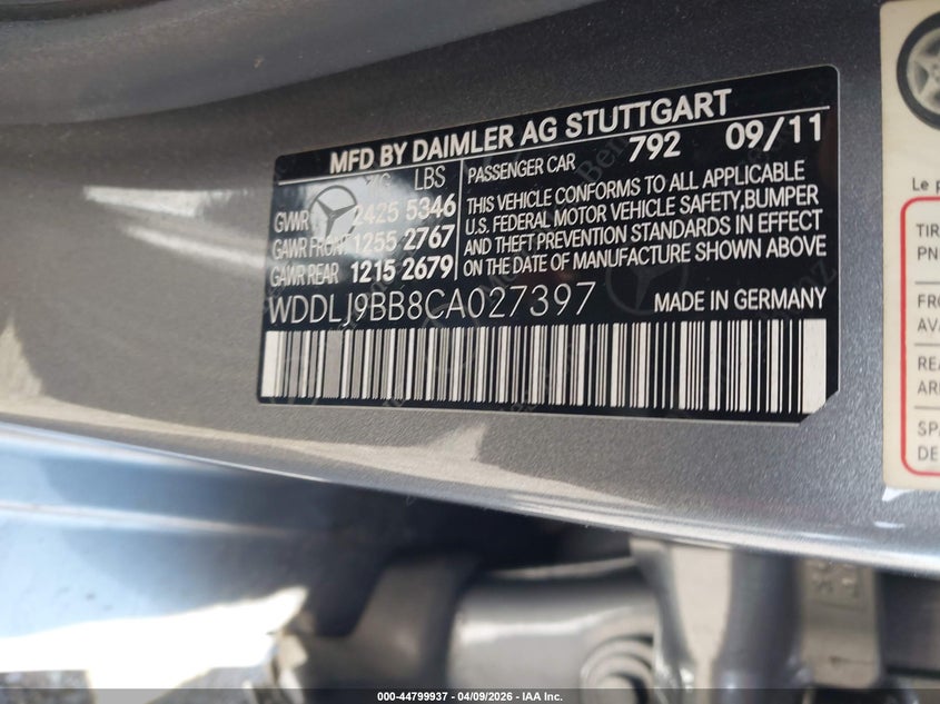 2012 Mercedes-Benz Cls 550 4Matic VIN: WDDLJ9BB8CA027397 Lot: 44799937