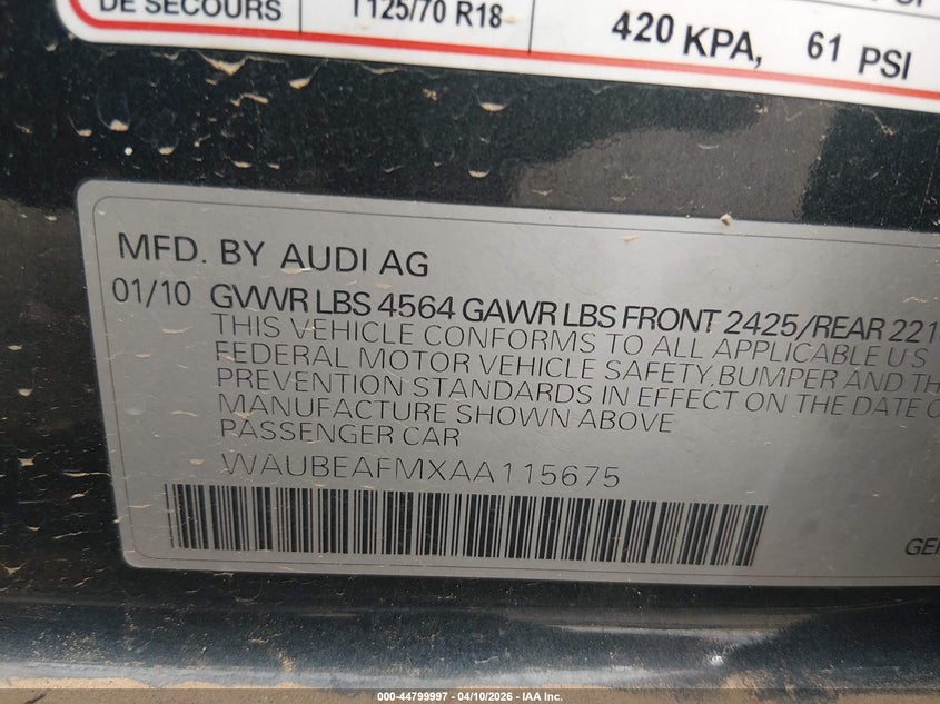 2010 Audi A3 2.0T Premium VIN: WAUBEAFMXAA115675 Lot: 44799997