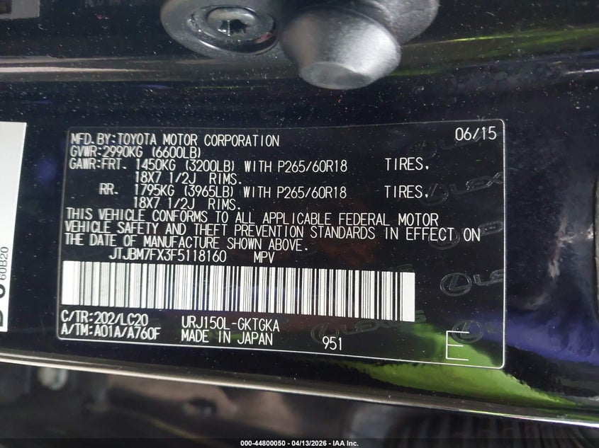 2015 Lexus Gx 460 VIN: JTJBM7FX3F5118160 Lot: 44800050