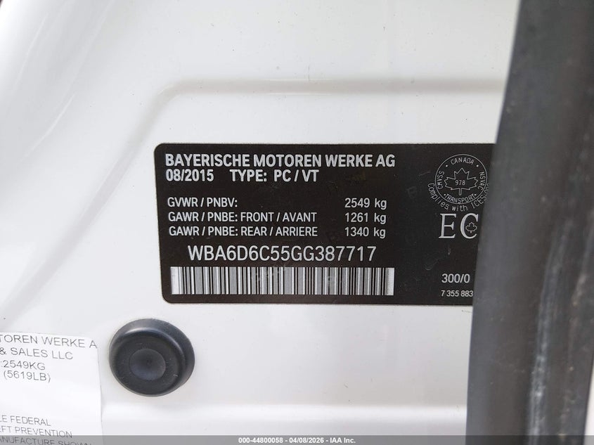 2016 BMW 650I Gran Coupe xDrive VIN: WBA6D6C55GG387717 Lot: 44800058