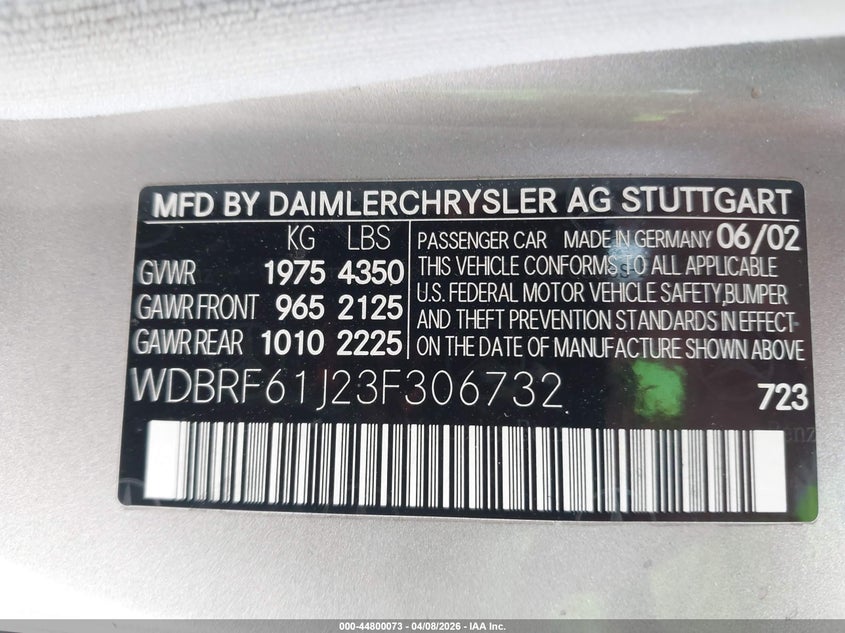 2003 Mercedes-Benz C 240 VIN: WDBRF61J23F306732 Lot: 44800073