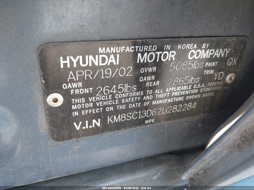 2002 Hyundai Santa Fe Gls/Lx VIN: KM8SC13D62U282284 Lot: 44800086