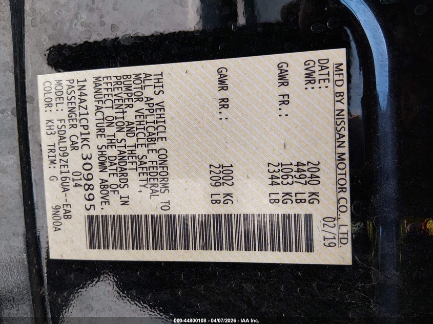 2019 Nissan Leaf Sv VIN: 1N4AZ1CP1KC309895 Lot: 44800108