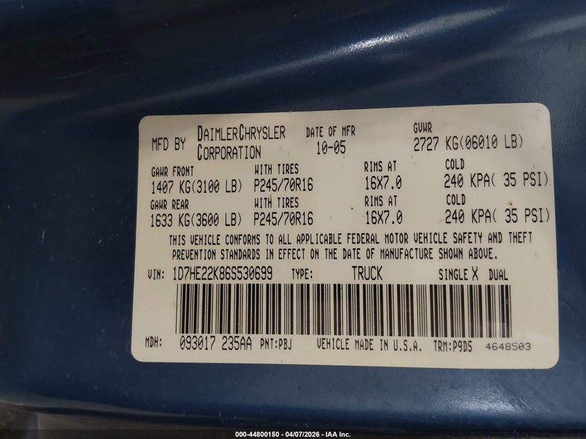 2006 Dodge Dakota St VIN: 1D7HE22K86S530699 Lot: 44800150