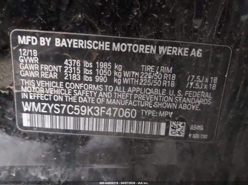 2019 Mini Countryman Cooper VIN: WMZYS7C59K3F47060 Lot: 44800218