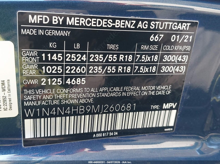 2021 Mercedes-Benz Gla 250 4Matic VIN: W1N4N4HB9MJ260681 Lot: 44800251