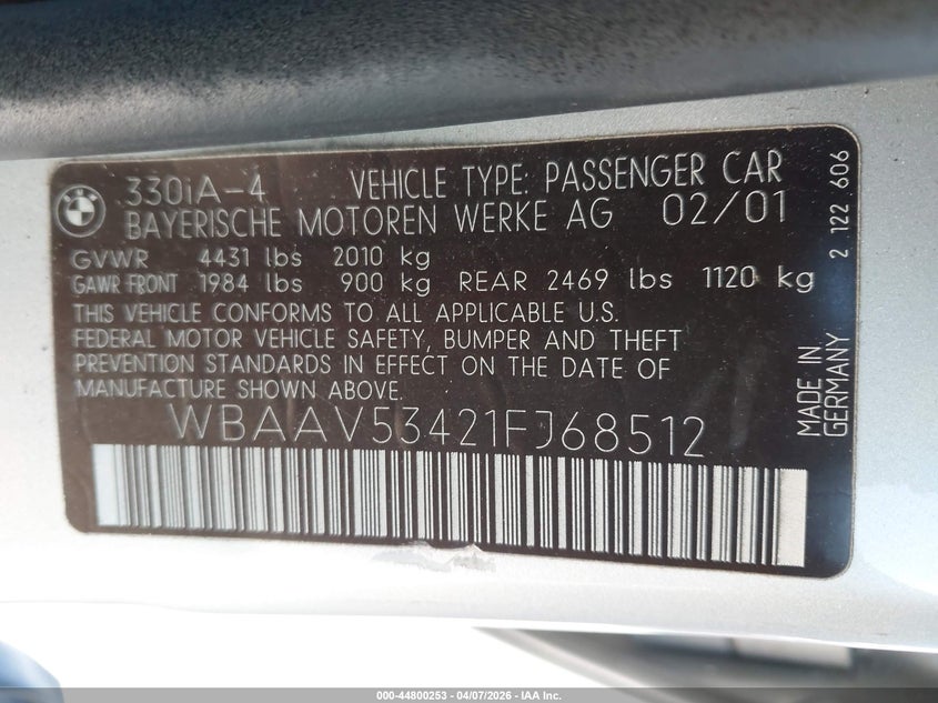 2001 BMW 330I VIN: WBAAV53421FJ68512 Lot: 44800253
