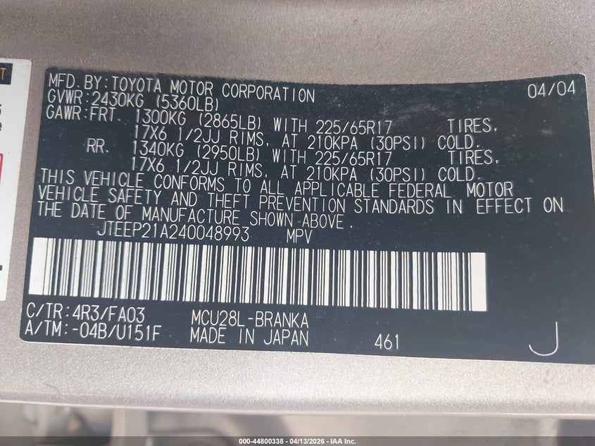 2004 Toyota Highlander Limited V6 VIN: JTEEP21A240048993 Lot: 44800338