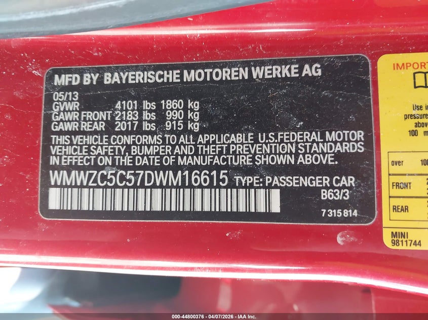 2013 Mini Countryman Cooper S VIN: WMWZC5C57DWM16615 Lot: 44800376