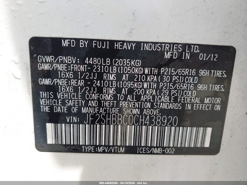 2012 Subaru Forester 2.5X VIN: JF2SHBBC0CH438920 Lot: 44800380