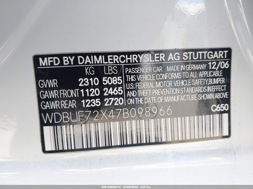 2007 Mercedes-Benz E 550 VIN: WDBUF72X47B098966 Lot: 44800414