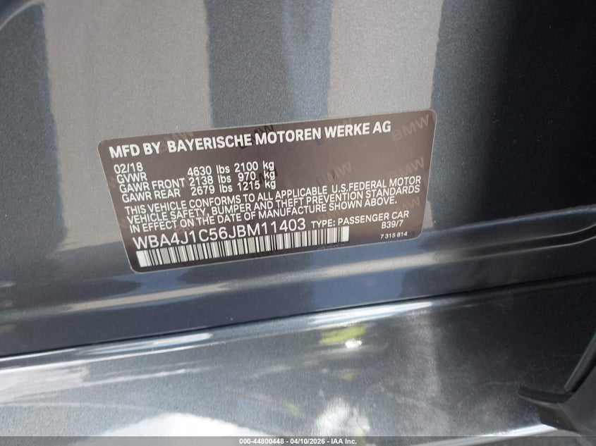 2018 BMW 430I Gran Coupe VIN: WBA4J1C56JBM11403 Lot: 44800448