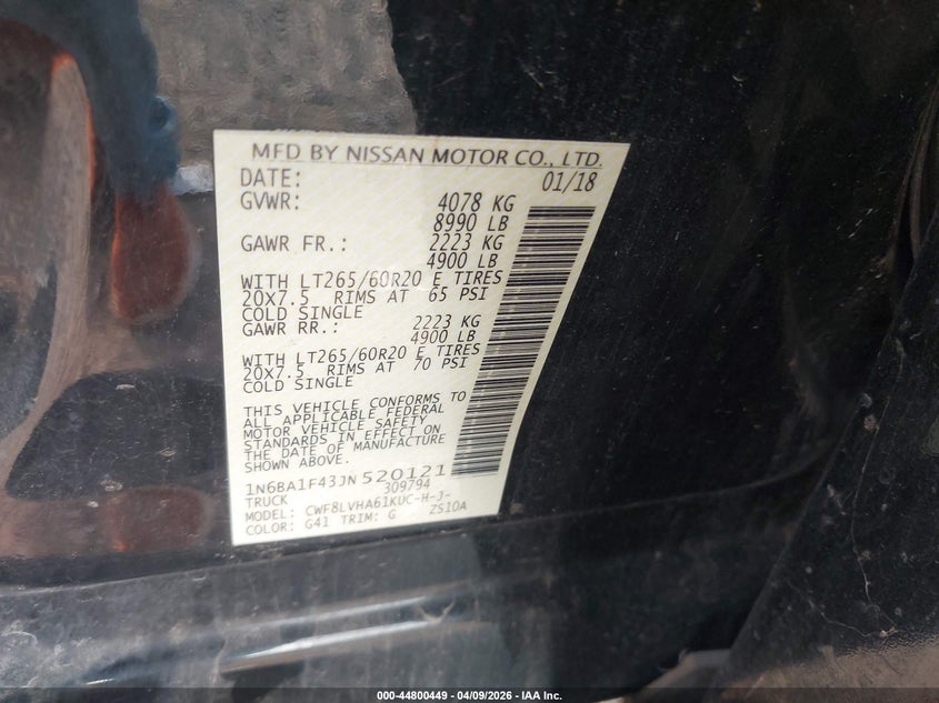 2018 Nissan Titan Xd Sl Diesel VIN: 1N6BA1F43JN520121 Lot: 44800449