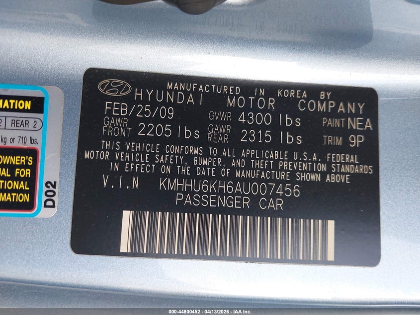 2010 Hyundai Genesis 3.8 VIN: KMHHU6KH6AU007456 Lot: 44800452