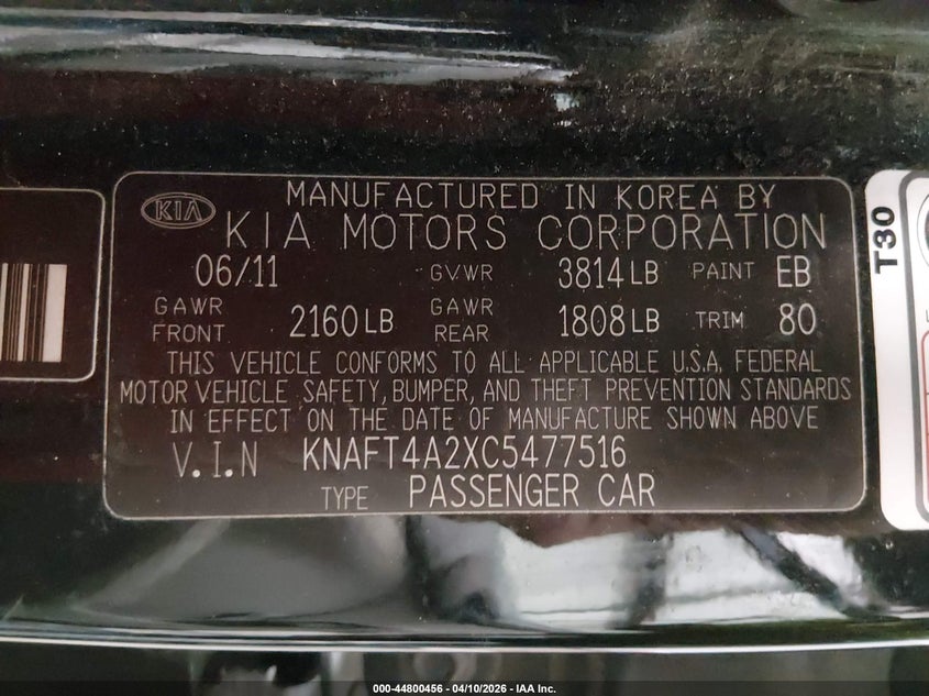 2012 Kia Forte Lx VIN: KNAFT4A2XC5477516 Lot: 44800456