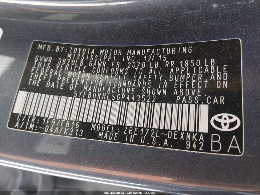 2016 Toyota Corolla Le VIN: 5YFBURHE5GP443522 Lot: 44800464