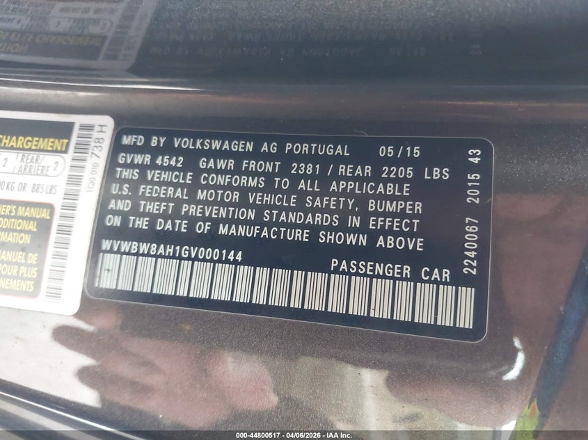 2016 Volkswagen Eos Komfort VIN: WVWBW8AH1GV000144 Lot: 44800517