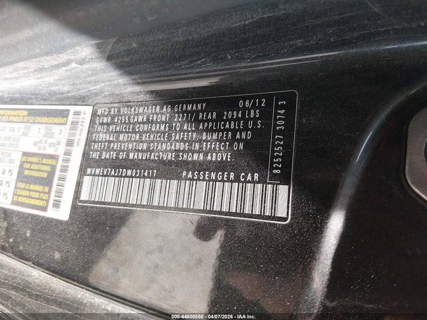 2013 Volkswagen Gti 2-Door VIN: WVWEV7AJ7DW031417 Lot: 44800550