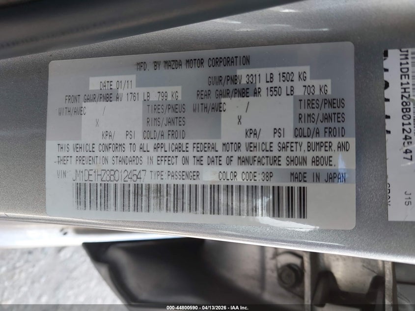 2011 Mazda Mazda2 Sport VIN: JM1DE1HZ8B0124547 Lot: 44800590