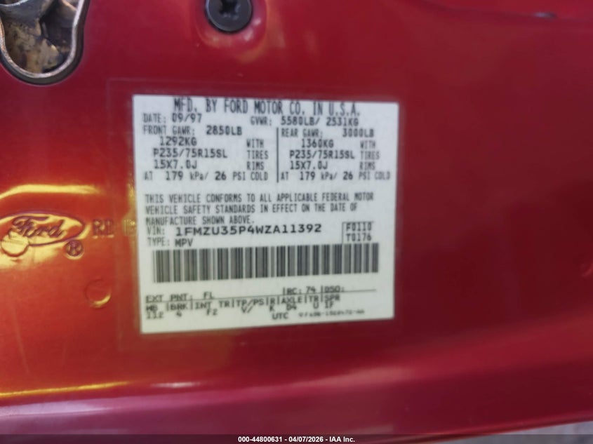 1998 Ford Explorer Eddie Bauer/Limited/Xlt VIN: 1FMZU35P4WZA11392 Lot: 44800631