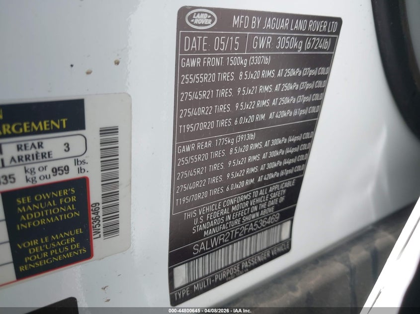 2015 Land Rover Range Rover Sport 5.0L V8 Supercharged VIN: SALWR2TF2FA536469 Lot: 44800645