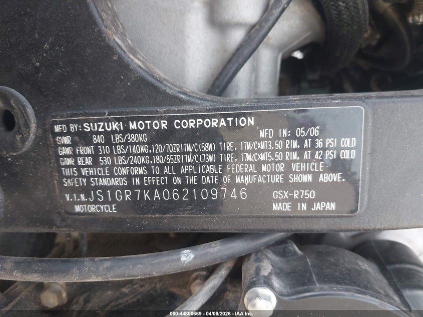 2006 Suzuki Gsx-R750 K6 VIN: JS1GR7KA062109746 Lot: 44800669