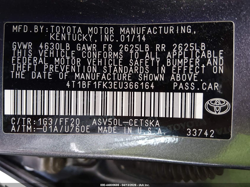 2014 Toyota Camry 2.5 Se Se Sport grey Lot 111044800686 Vin 4T1BF1FK3EU366164
