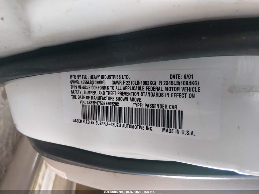 2002 Subaru Outback VIN: 4S3BH675027605202 Lot: 44800705