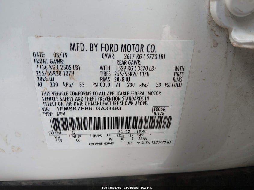 2020 Ford Explorer 2.3 Limited White Lot 111044800749 Vin 1FMSK7FH6LGA38493