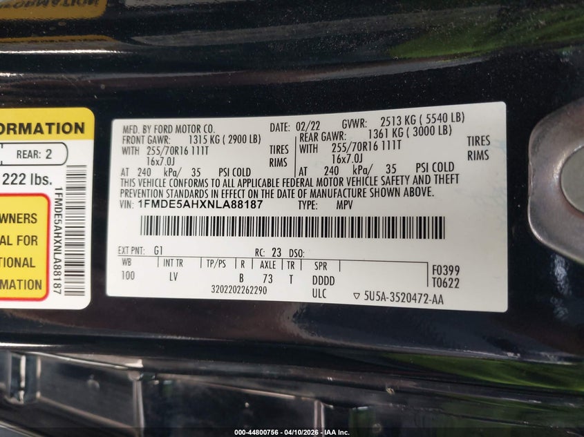 2022 Ford Bronco VIN: 1FMDE5AHXNLA88187 Lot: 44800756