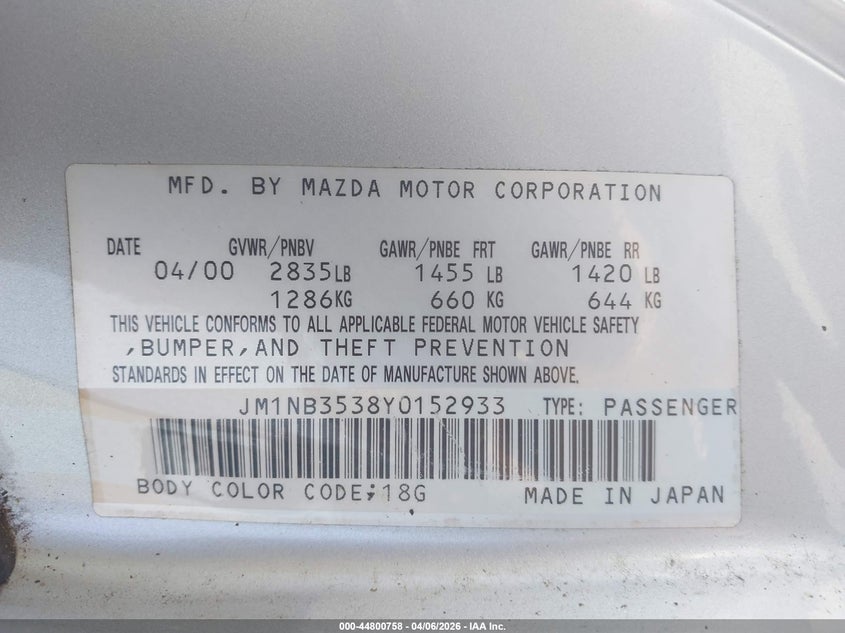 2000 Mazda Mx-5 Miata Ls/Special Edition VIN: JM1NB3538Y0152933 Lot: 44800758