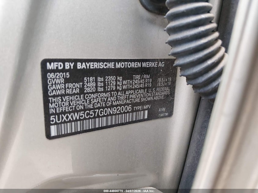 2016 BMW X4 xDrive35I VIN: 5UXXW5C57G0N92006 Lot: 44800770