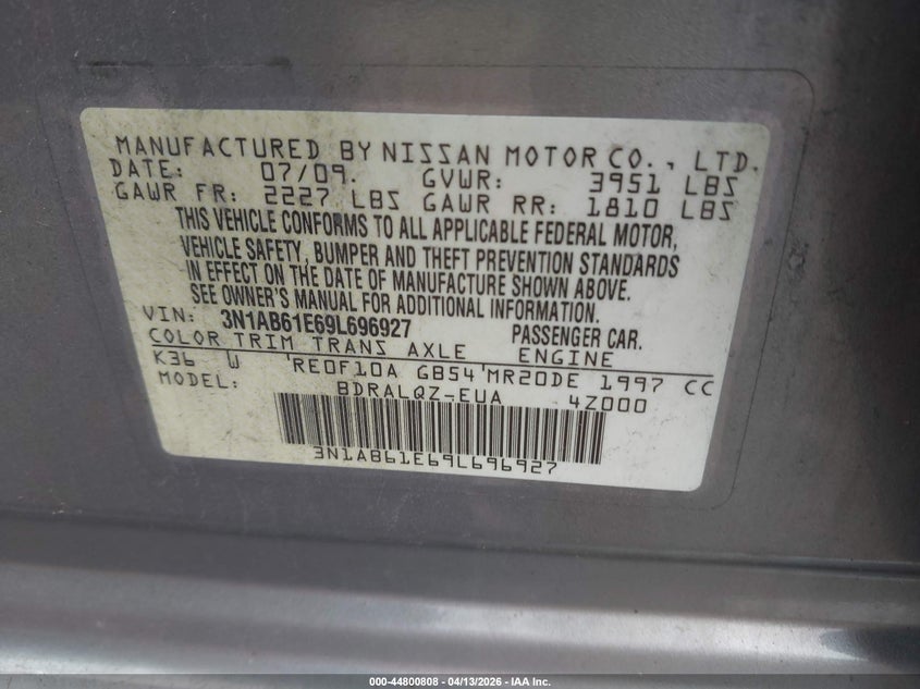 2009 Nissan Sentra 2.0 VIN: 3N1AB61E69L696927 Lot: 44800808