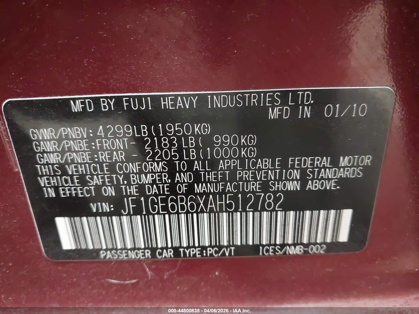 2010 Subaru Impreza 2.5I Premium VIN: JF1GE6B6XAH512782 Lot: 44800838