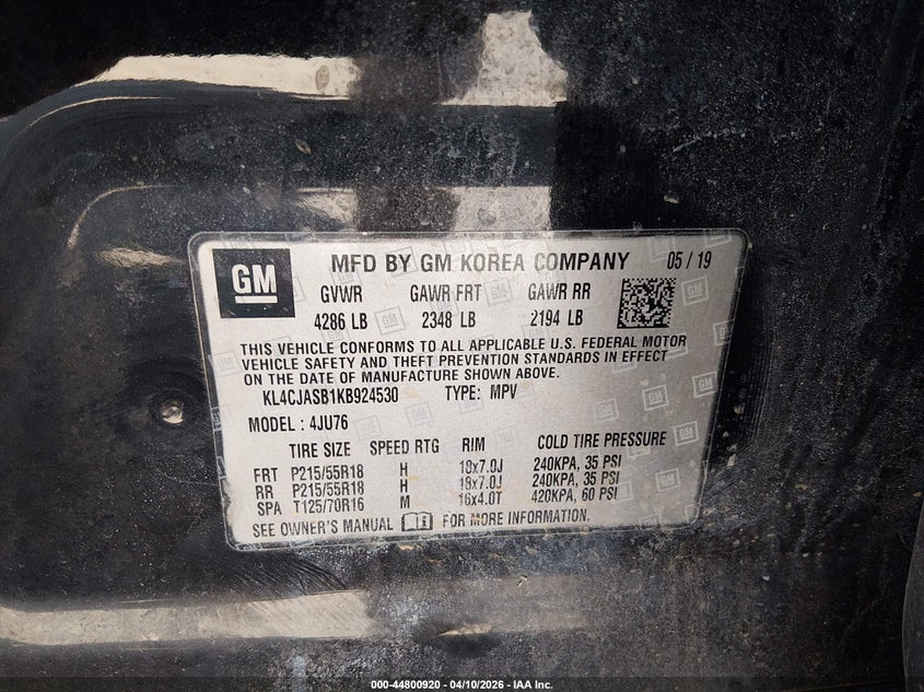 2019 Buick Encore Fwd Preferred VIN: KL4CJASB1KB924530 Lot: 44800920