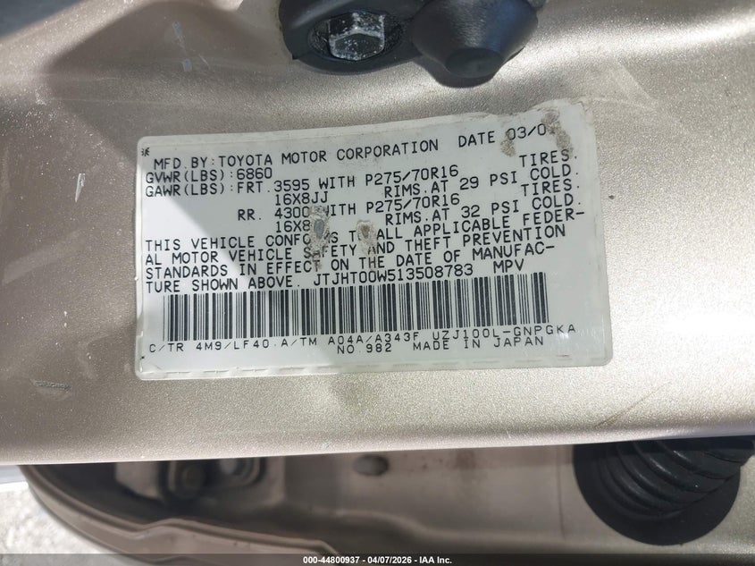 2001 Lexus Lx 470 VIN: JTJHT00W513508783 Lot: 44800937